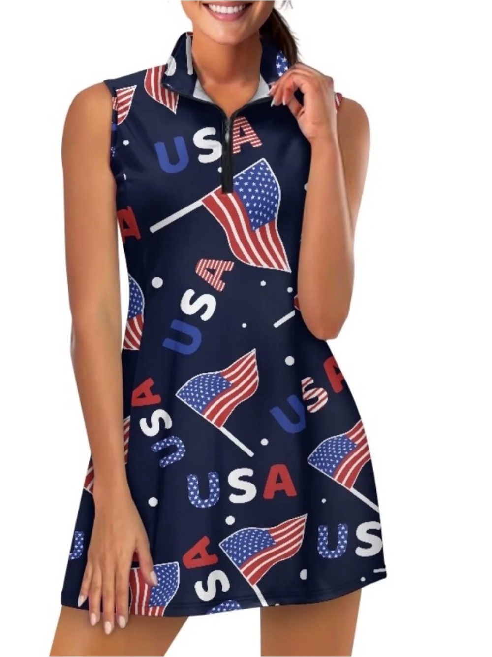 Sleeveless USA Flag Golf Pickleball Sport Dress w Shorts -Navy Red White Blue
